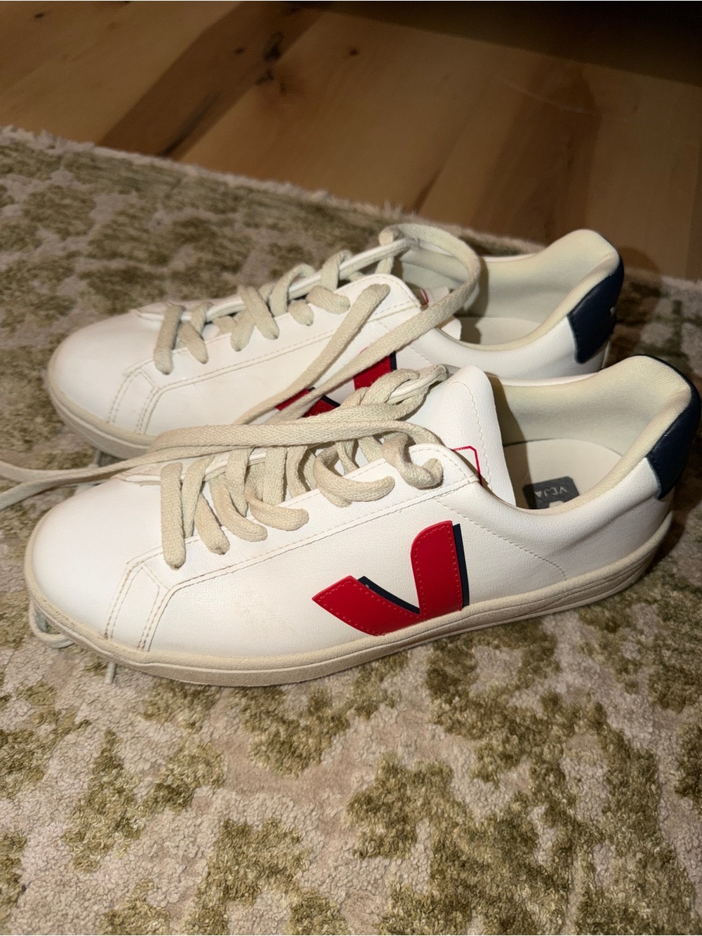 Women’s Veja White Low-Top Sneakers with Red V and Navy Heel